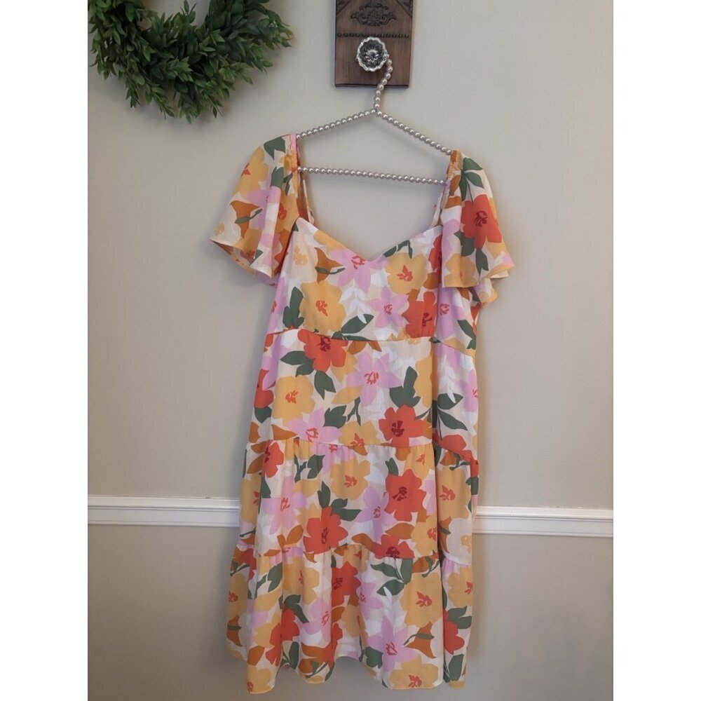 Tullabee Womens Size XL Bright Floral Tiered Dress Cap Sleeve Multicolor